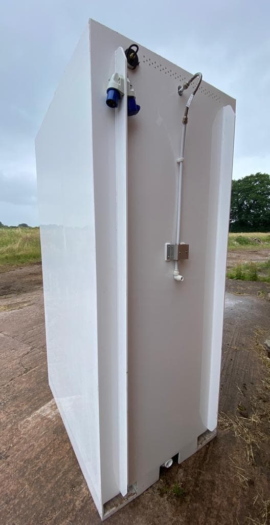 Portable shower rear showing 16A power and water connections